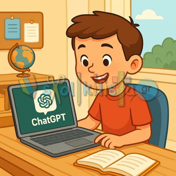 Παιδί που διαβάζει με τη βοήθεια του ChatGPT σε φιλικό, εκπαιδευτικό περιβάλλον.