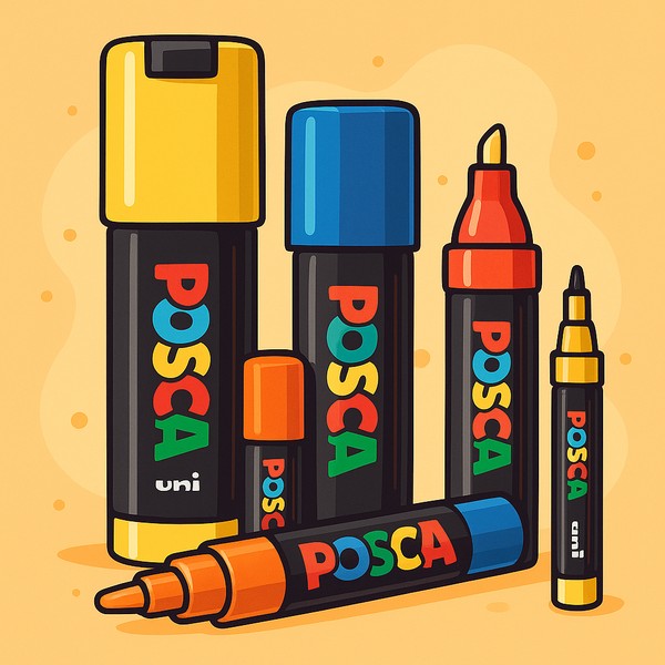 Μαρκαδόροι POSCA σε διάφορα χρώματα και μεγέθη επάνω σε σχολικό θρανίο